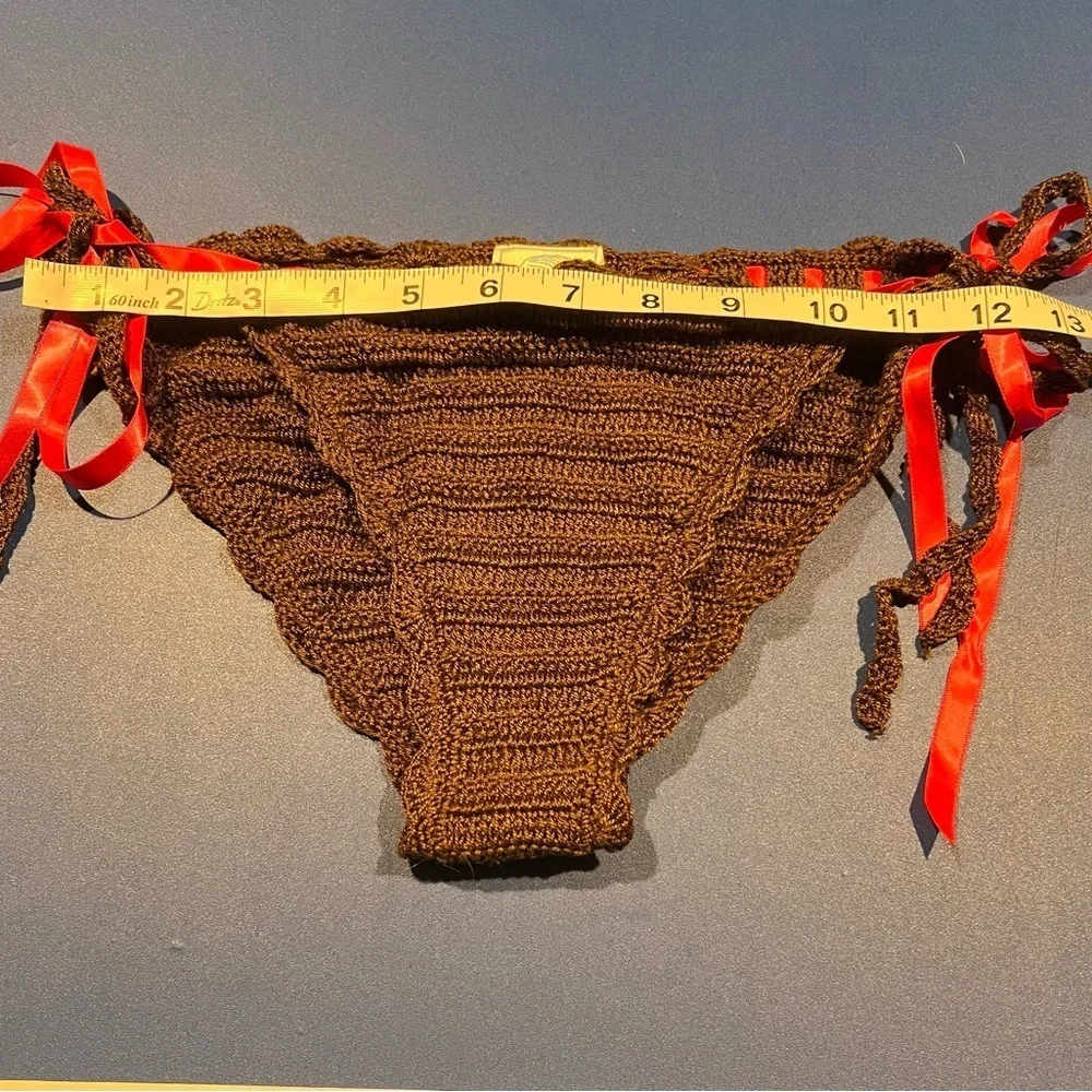 Anna Kosturova Y2K Brown Crochet Pink Ribbon Bikini Boho Hippie Beach - Picture 11 of 12